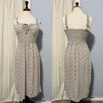 AUW  L Green Floral Smocked Tie-Front Ruffle Strap Slit Midi Dress Padded Bra Photo 1