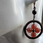 Vintage Red Agate/Wood Western Aztec Dangle Flower Round Earrings Wire Wrapped Pink Photo 2