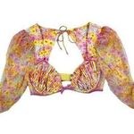 For Love & Lemons  - Floral Puff Sleeve Open Back Crop Top in Pink & Yellow Photo 0