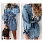 Redial Vintage Acid Wash Denim Collection Puff Sleeve Belted Dress (S) Photo 1