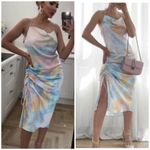 ZARA  Tie Dye Pastel Multi Color Satin Halter Cowl Ruched Slip Midi Dress Size XS Photo 12