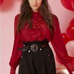 SheIn Mock Neck Ruffle Trim Lantern Sleeve Blouse Red L Sold Out Style Photo 0