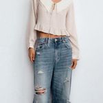 ZARA Beige Ruffle Hem Blouse with Oversized Embroidered Collar Women’s Size M Photo 1