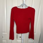 Red Ribbed Knit Zip Up Cardigan Bell Sleeve Cropped Sweater Top Red Size M Photo 3