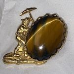 Rare Charming Vintage Tigers Eye Man Mining Gold Tome Pin Brooch Gold Photo 1