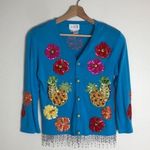 Just Be Just B glitzy sequin pineapple and flower button up cardigan sweater size medium Photo 0