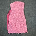 Lilly Pulitzer Sz 4 Pink Embroidered Floral Ribbon Belt Strapless Dress Cotton Photo 1