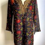 Biba Silk Chiffon Indian Kurta Sequin Floral Black Red Green Gold Size 38 Medium Photo 0