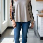 FOR THE REPUBLIC Waffle Knit Mixed Print Balloon Sleeve Bohemian Top Size M Photo 1