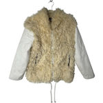 Vintage FURRocious Curly Lamb Fur Jacket Leather Sleeves Cream XS Rare Unique Photo 0
