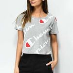 Champion  T Shirt Woman's Small Heritage‎ Athletic Gray Cropped All Over Script Photo 11