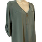 Women’s dressy casual sage green top quarter zip roll tab sleeves size small Photo 0
