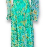 Vintage 70s Green Floral Chiffon Maxi Dress Ruffle Neckline Sheer Sleeves Flowy Photo 5