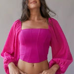 Urban Outfitters Women's Puff Sleeve Crop Top Size M Hot Pink Stretch Knit Photo 0