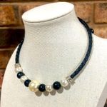 Vintage Braided leather and faux black and white pearl wrap necklace Photo 1