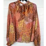 Aura Blouse Womens Size L Patchwork Tie Neck Long Sleeve Bohemian Relaxed Fit Photo 2