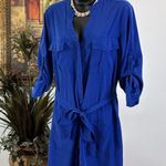 EXPRESS Shirt Dress Women M Blue Roll Tab Sleeve Belted Open Hidden Button Front Photo 4