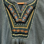 Soft Surroundings  teal thermal waffle knit BOHO floral embroidered neck Top, Sm Photo 2