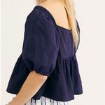 Free People  Navy Veronica V Neck Buttons Top 1/2 Puff Sleeves NWT Small Peplum Photo 1