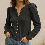 Pilcro  Black Button ribbed puffed shoulder long sleeve top Photo 0