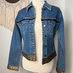 Vtg 90s Tapestry Trim Ruffle Embroidered Dark Medium Wash Denim Jean Jacket 6 Blue Photo 0
