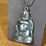 Vintage Buddha “Rub My Belly For Good Luck” silver tone pendant and necklace Photo 2