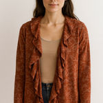 Chico's Rustic Romantic Fall Cardigan Sweater sz 1 M Orange Ruffle Holiday Photo 0