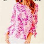 Lilly Pulitzer Langston blouse coral reef flamingos pink bow tie sleeves Small Photo 3