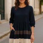 Korean Fashion DoDry Linen Semi Formal Dress Medium Navy Blue Business Casual Photo 0