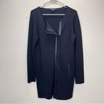 Eileen Fisher Black Silk Leather Trim Cardigan Sweater Long Zip Jacket SMALL Photo 2