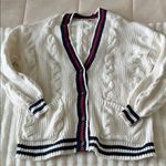 American Eagle Classic White Cable Knit Cardigan with Navy and Red Accents Photo 0