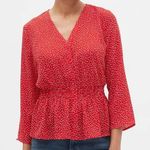 Banana Republic | Smocked-Waist Blouse Red Polka Dot Button Peplum | Medium Photo 0