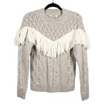 Amur Ulla Women's Size Large White Fringe Tan Cable Knit Wool Sweater Photo 1