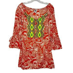 Ivy Jane Tunic Paisley Embroidered Scoop Neck 3/4 Bell Sleeve M Orange White Top Photo 0