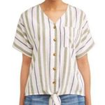 Linen Blend Striped Button and Tie‎ Front White and Green Photo 0