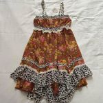 NWT Axes Femme Orange Brown floral kitschy print ruffled dress lace trim ruffles Size M Photo 0