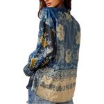Free People We The Flower Patch Button Down Flowy Blouse Indigo Blue Combo XS Photo 3