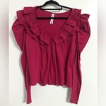 Anthropologie  Red Pink Ruffled V-Neck Ruffle Down Shirt Blouse Medium Photo 2