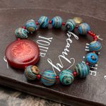 Handmade Boho Beaded Stretch Bracelet Red Floral Glass Centerpiece Blue Swirl Photo 2