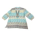 JM Collection Tunic 12 Geometric Print Blue Yellow Beaded Cotton Slit Pullover Photo 1