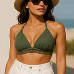 Shade & Shore Swim Luxe Olive Green Halter Bikini Top  38DD Photo 0