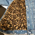 ZARA Distressed Denim Long Jean Jacket Faux Fur Collar Leopard Print Oversized S Photo 9