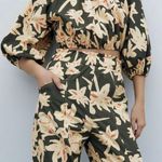 Pacific&Co Green Tan Floral Palm Printed Linen -ord Set Crop Top & Pants Size XS Photo 0