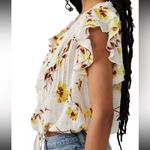 Free People  Naya Ruffle Floral Blouse Ivory Short Sleeve Top size S Boho Cottage Photo 2