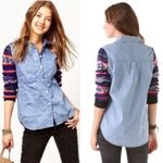 We The Free Free People Chambray Sweater Sleeve Shirt Women's Small Light Blue Photo 3