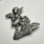AJC Cherub Angel Watering Flower Plant In Garden Pewter Tone Brooch Pin Signed Silver Photo 0