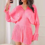 Nwt, Lavishly Paris Women’s Shirring Hot Pink Bell Sleeved Dress. Size Small Photo 0