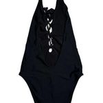 Aerie  Solid Black Lace Up Front Plunge One Piece Halter Swimsuit Maillot Size M Photo 3