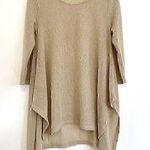 Umgee  Gold / Tan Open Weave Knit Asymmetrical Sharkbite Hem 3/4 Sleeve Tunic Top Photo 0