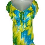 Cameo Off the Shoulder Waterfall Ruffle Drape Tie Dye Top Smocked 2X Yellow Green Blue Photo 3